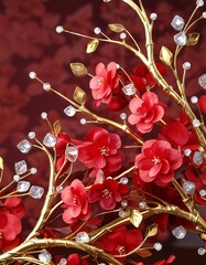 Diamond Elegance: Red Floral and Gold Branches Wallpaper