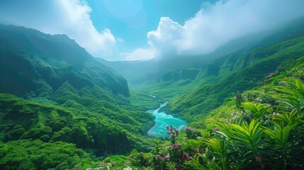 Fototapeta premium Hidden Mountain Grotto with Lush Vegetation and Crystal Clear Lake