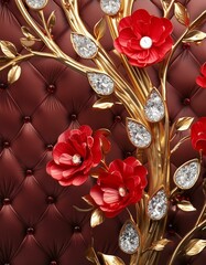Scarlet Symphony: Diamond Floral and Gold Branches Wallpaper
