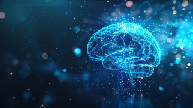 Digital glowing blue light brain human organ.