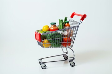 Small shopping cart filled with healthy food including fruits and vegetables isolated on a white background