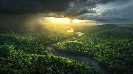 Thunderstorm Illumination: Sunlight and Lightning Over Verdant Landscape