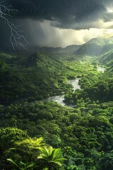 Stormy Skies Over Lush Mountain Valley: Dramatic Light and Thunder