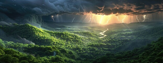Thunderstorm Illumination: Sunlight and Lightning Over Verdant Landscape