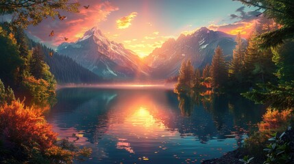 Golden Hour Brilliance: Fiery Sunset Over Alpine Waters