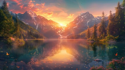 Golden Hour Brilliance: Fiery Sunset Over Alpine Waters