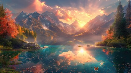 Enchanted Autumn Sunset at Mountain Lake