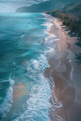 Aerial View of Turquoise Waves Crashing on Tropical Beach