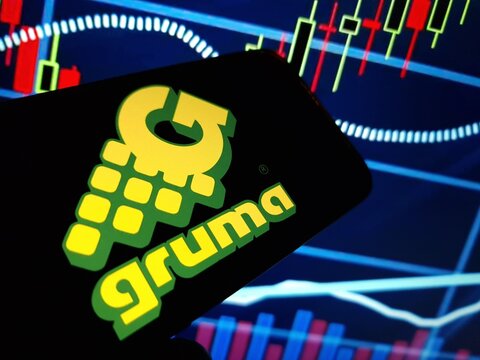 Konskie, Poland - May 12, 2024: Gruma company logo displayed on mobile phone