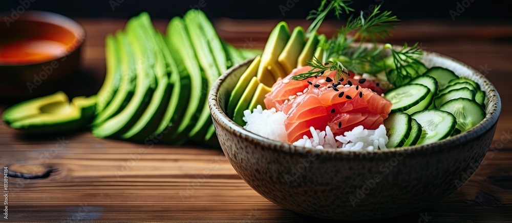 Wall mural A poke bowl a classic Hawaiian dish that consists of raw fish salad mixed with rice avocado cucumber and radish beautifully presented on a wooden background creating a perfect setting for a copy spac