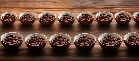 Coffee beans arranged on a wooden background with saucers creating a visually appealing copy space image