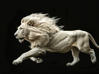 realistic white Lion running in a full body isolated on a black background 