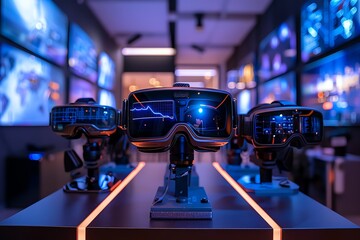 Advanced wearable tech setup on a podium, including augmented reality glasses and virtual reality gear, presented in a hightech environment with live demo capabilities