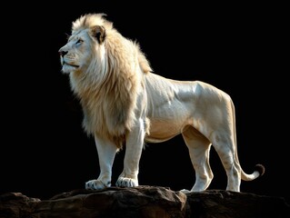 realistic white Lion pose in a full body isolated on a black background 