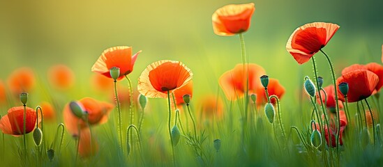 Obraz premium Low angle side view of backlit red poppy flowers in a green field with a close up that highlights the vibrant colors Copy space image