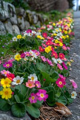 Fototapeta premium Vibrant Primula Blossoms Lining a Peaceful Garden Path