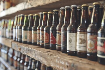 Vintage Beer Bottle Collection Displayed on Rustic Wooden Shelf in Brewery
