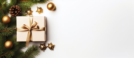 A top view of Christmas gift boxes and a fir tree on a white background creating a copy space image - Powered by Adobe