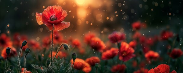 Single tall poppy stands out in a field of soft focus red poppies under rainy shimmering bokeh. Perfect peaceful zen meditation background or banner in contexts of remembrance, respect and tribute
