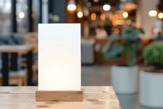 Mock up Label the blank menu frame in Bar restaurant ,Stand for booklets with white sheets paper acrylic tent card on wooden table cafeteria blurred background. generative ai.