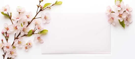 A spring themed postcard mockup featuring flowering branches against a white background with an envelope and white blank space for text. Copy space image. Place for adding text and design
