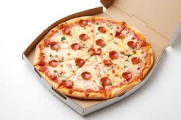 Overhead view of a delectable pepperoni pizza with melted cheese in an open box, isolated on white