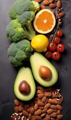 Healthy foods low in carbohydrates. 