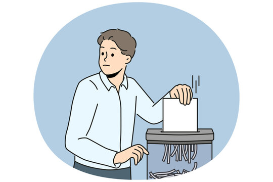 Businessman put paperwork in shredder in office. Scared male employee shredding document at workplace. Vector illustration.