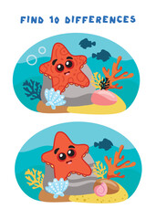 Fototapeta premium Mini-games for children. preschoolers. Find 10 differences. images with a starfish. Logical tasks for preschoolers. Games 3-4 years.
