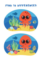 Mini-games for children. preschoolers. Find 10 differences. image with the sea octopus. Logical tasks for preschoolers. Games 3-4 years.