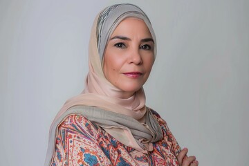 headshot of a middle eastern women, wearing hijab, 