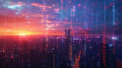 The cityscape is transformed by the twilight, revealing a symbiosis of urban grandeur and technological innovation: holograms paint the sky with predictions driven by artificial intelligence.