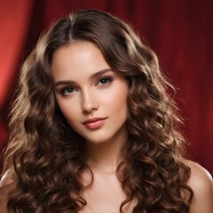 Fototapeta premium Brunette girl with long and shiny wavy hair . Beautiful model with curly hairstyle .