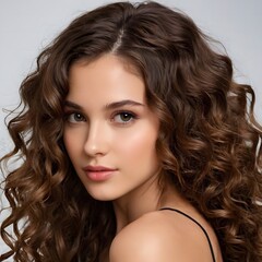 Brunette girl with long and shiny wavy hair . Beautiful model with curly hairstyle .