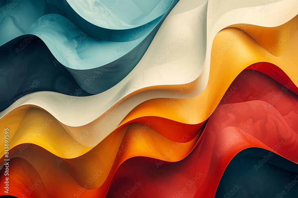 Aufkleber Dynamic abstract image featuring smooth, flowing waves in a vibrant color palette of red, yellow, and blue, creating a sense of movement.
