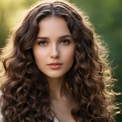 Fototapeta premium Brunette girl with long and shiny wavy hair . Beautiful model with curly hairstyle .