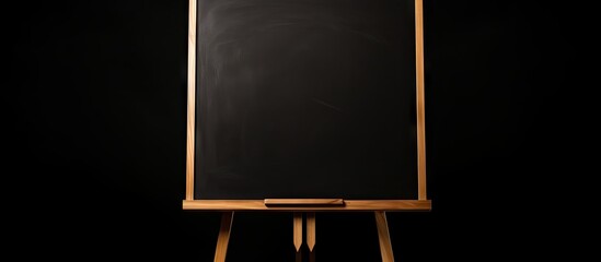 A frontal view of an easel displaying a black board perfect for adding text or images within the copy space