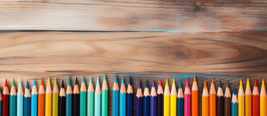 An old wooden surface serves as the backdrop for a vibrant arrangement of school pencils creating an aesthetically pleasing copy space image - Powered by Adobe