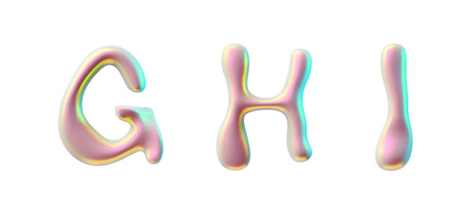 Obraz premium A set of holographic fonts in Y2K style. Volumetric letters G, H, I made of liquid metal.