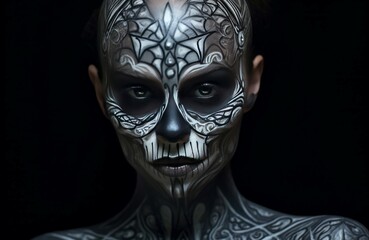 Portrait of a woman with elaborate skull makeup against a dark background, exuding eerie beauty