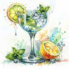 Watercolor cocktail on a white background 