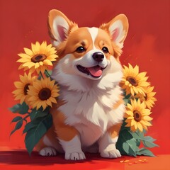 A dog holding a bunch of sunflowers with a red background