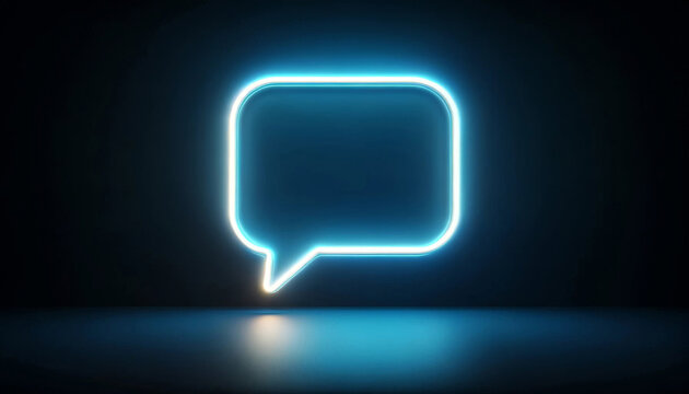 The neon blue speech bubble glows against a dark background, creating a striking contrast. The neon light is reflected on the surface below, with a copy space.AI generated.