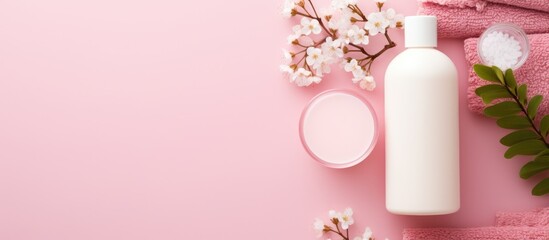 The image showcases body care products on a pink background with a flat lay top view and generous copy space It represents the natural eco friendly and zero waste concept