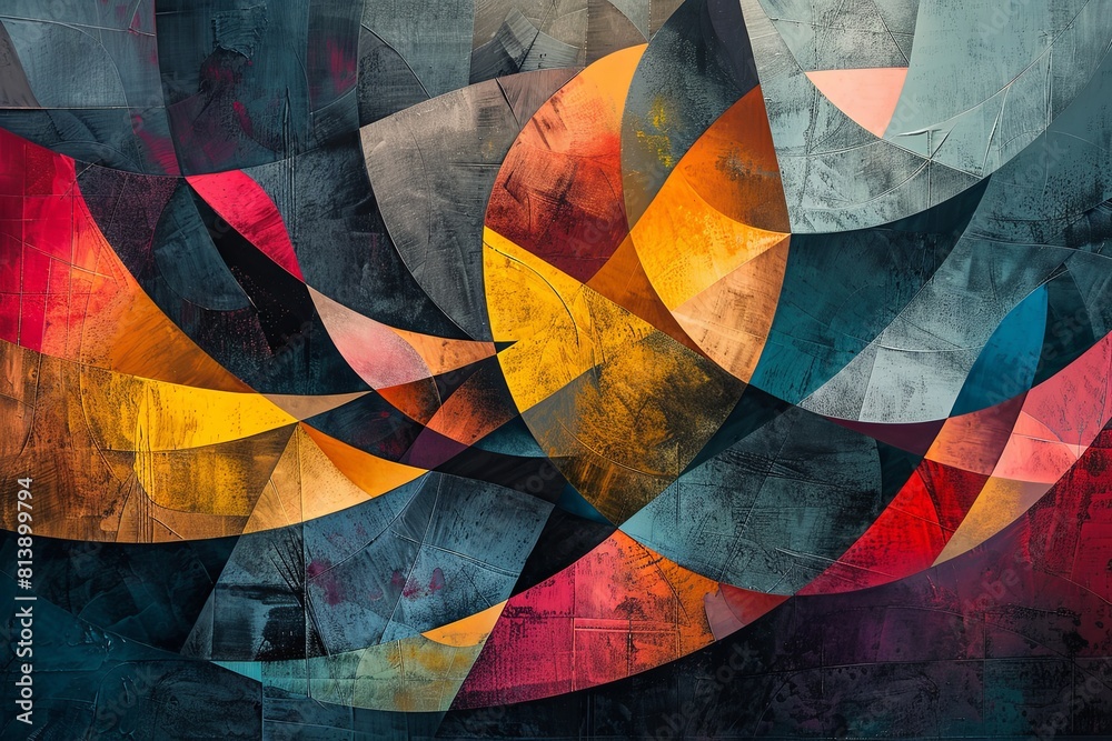 Poster complex abstract collage featuring overlapping geometric shapes in a rich palette of red, yellow, an