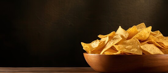 Copy space image of tortilla chips arranged in a wooden bowl - Powered by Adobe