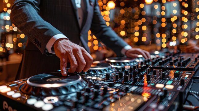 A professional DJ using topoftheline equipment at an upscale corporate event Style Entertainment luxury, Color Nightclub lights and sharp suits, Technique Photography