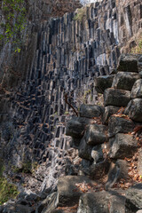 Basalt monolith columns wall in a deep gorge rock formation. Cascada Los Tercios, Suchitoto, El Salvador.