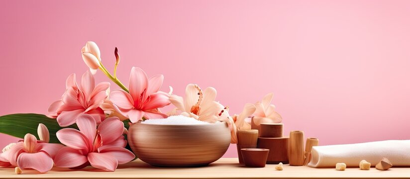 A vibrant spa and wellness environment adorned with beautiful flowers and neatly arranged towels creating a stunning composition against a pink background Featuring tropical flowers and a wooden spoo
