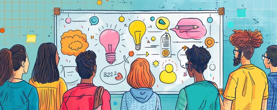 A group of teachers collaborating over a B2C marketing project to develop engaging learning materials Style Collaboration, Color Creative space colors, Technique Digital sketch